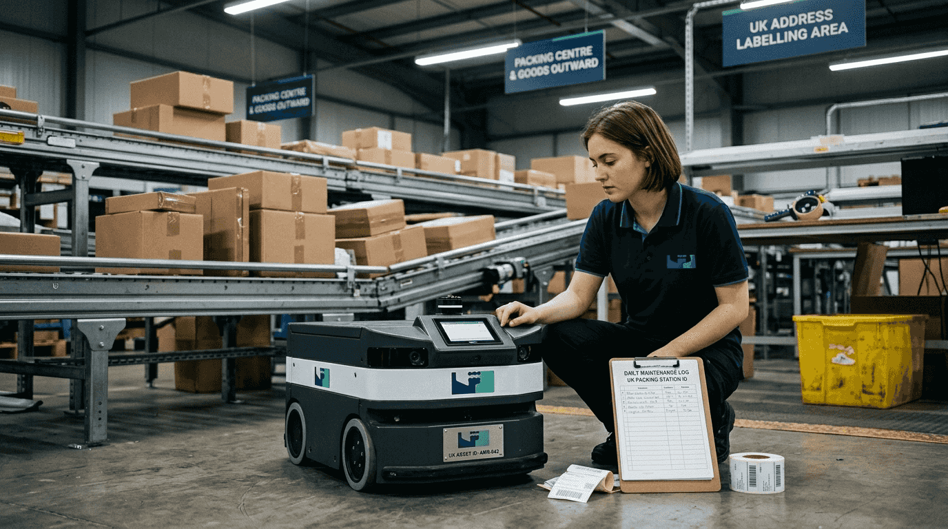 Technician checks warehouse robot in packing zone