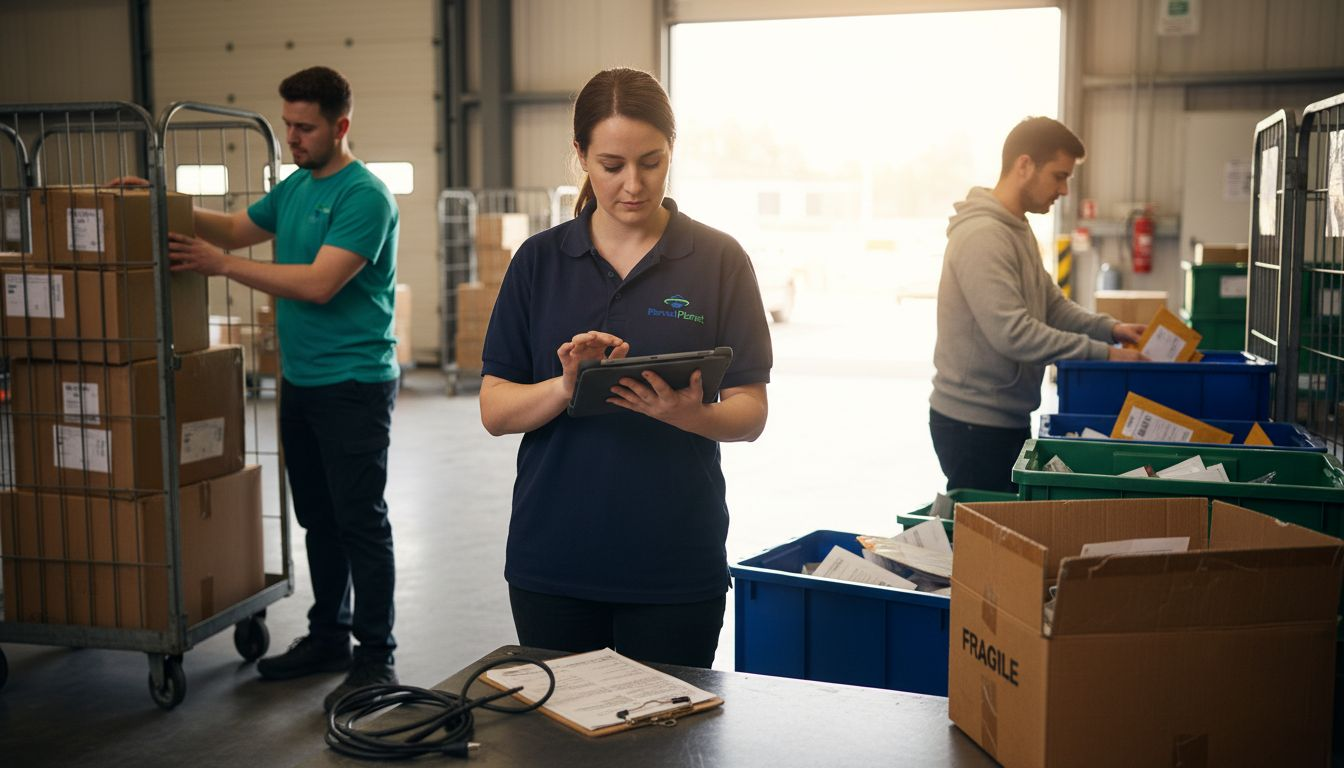 Warehouse team sorting logistics packages