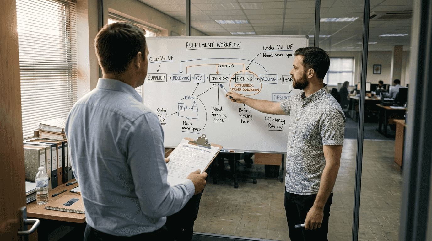 Managers reviewing fulfilment workflow on office whiteboard