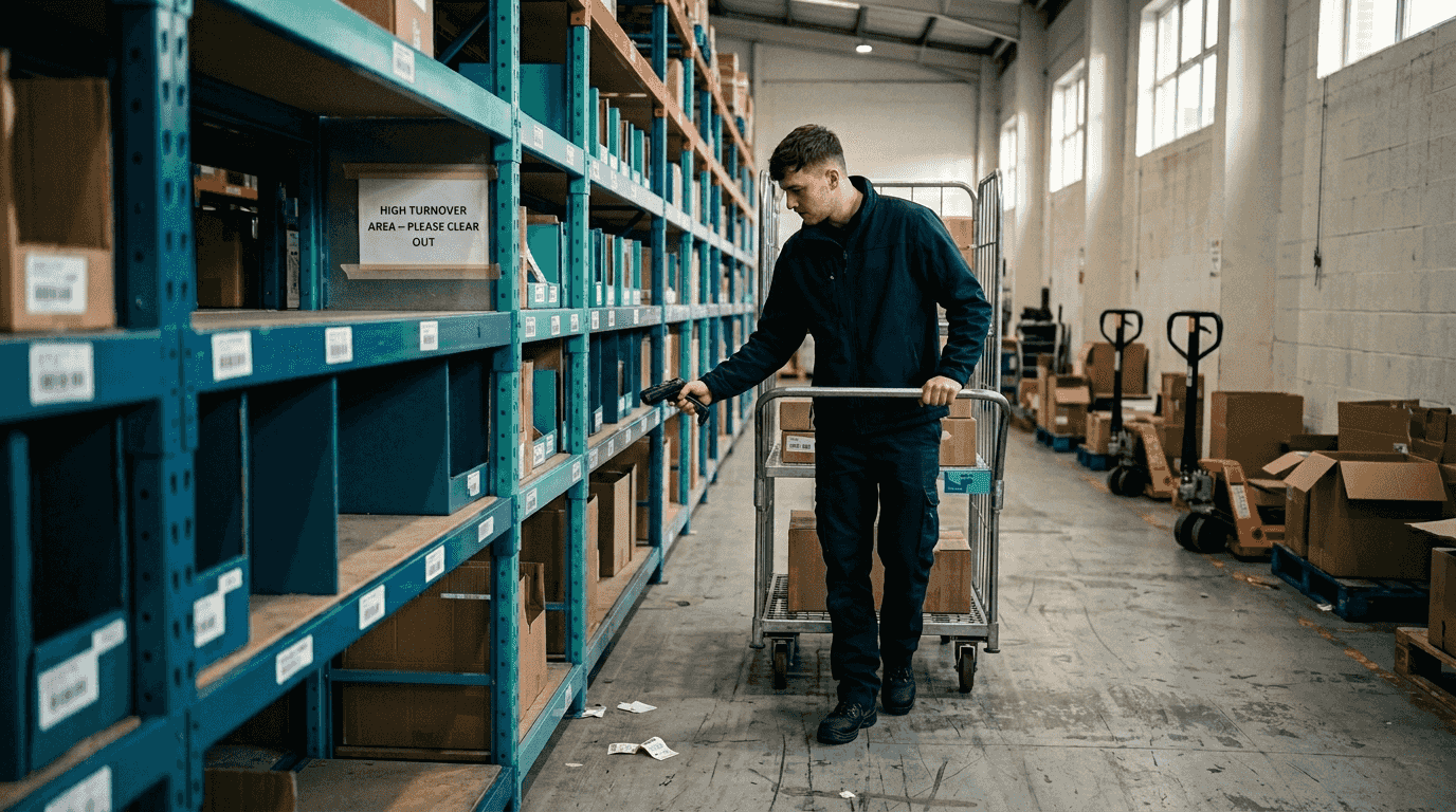 Warehouse picker scans shelf in organized aisle