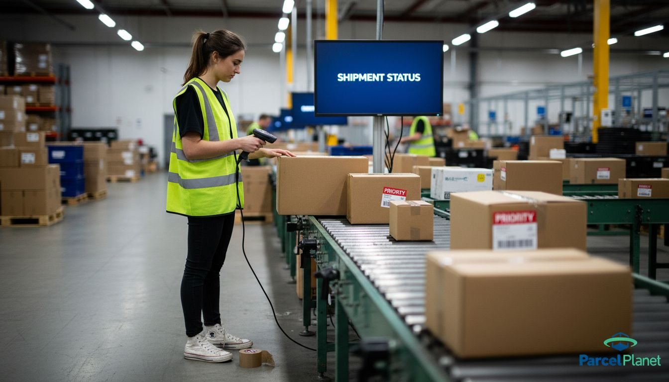 Worker scanning packages with barcode automation