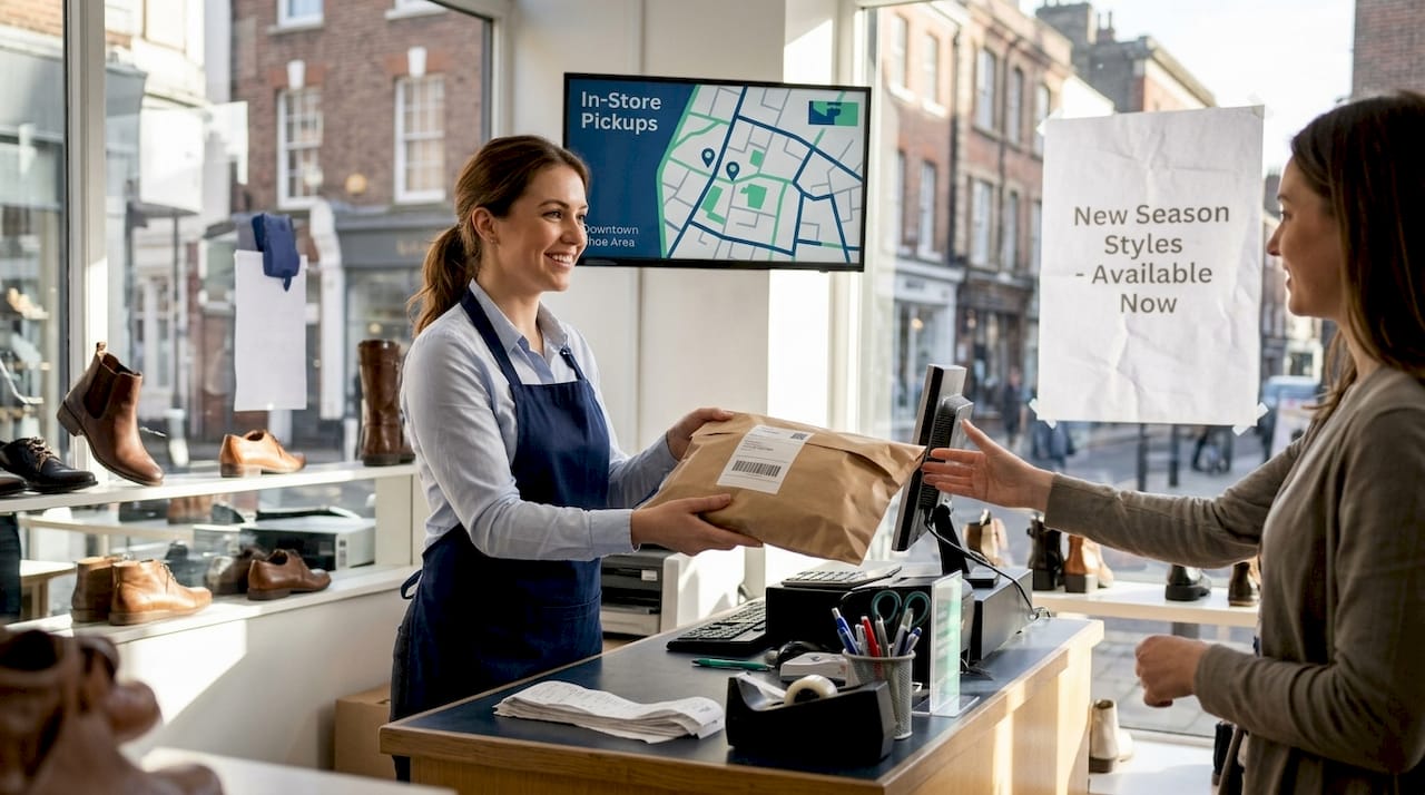 Store staff handing pickup order to customer