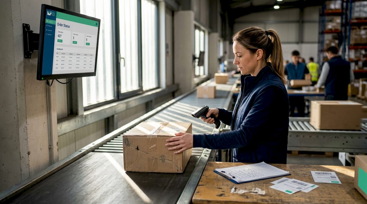Warehouse worker scanning package at conveyor belt