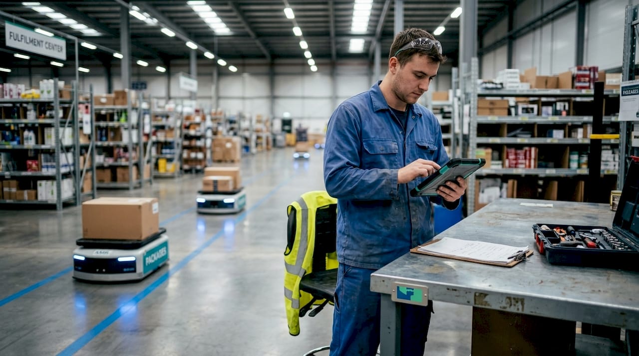 Technician monitors robots in busy warehouse