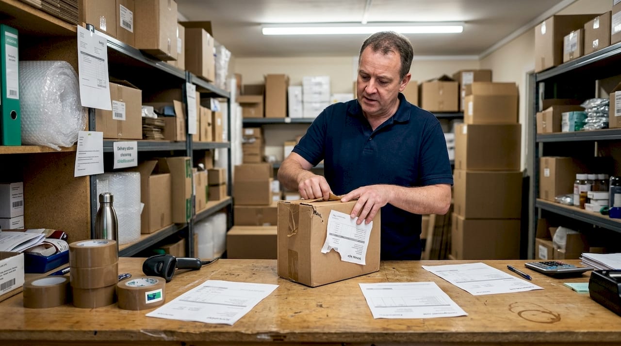 Man opening returned parcel at storeroom counter