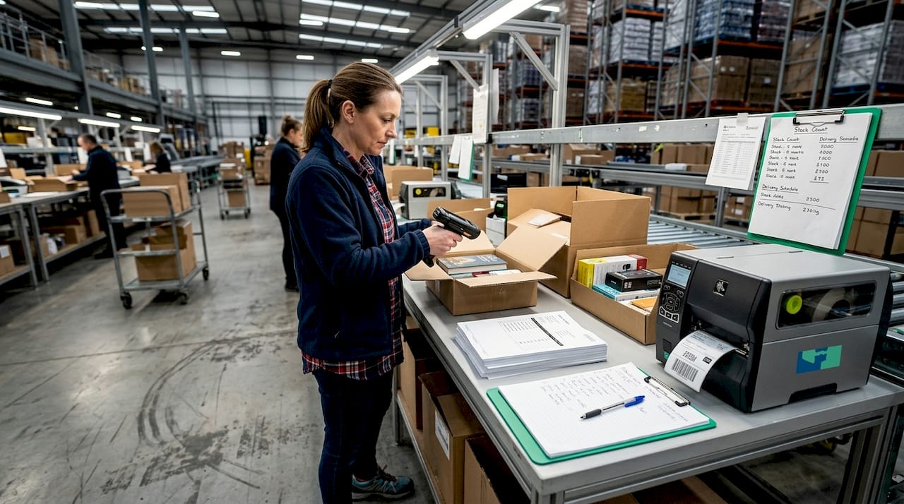 Warehouse supervisor scanning inventory in fulfilment center
