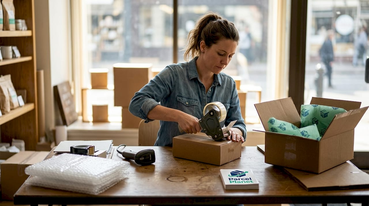 Business owner packing orders for shipment