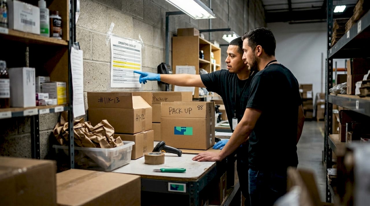 Warehouse team reviews checklist updates together
