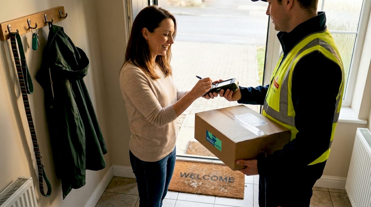 Customer receiving package at home entrance