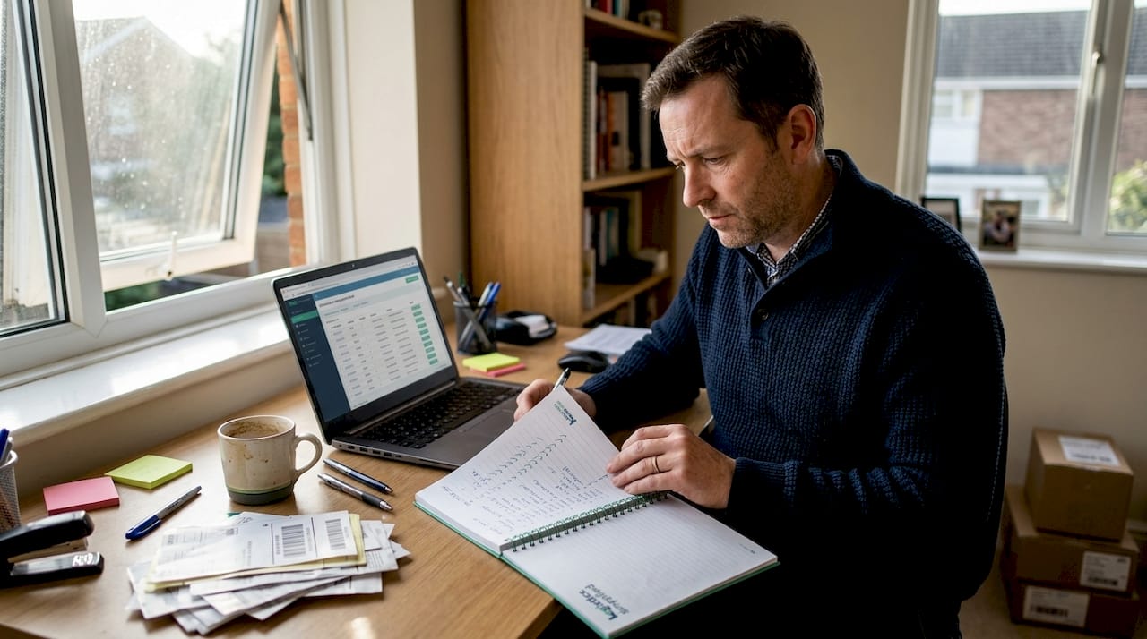 Manager compares paper list to laptop software