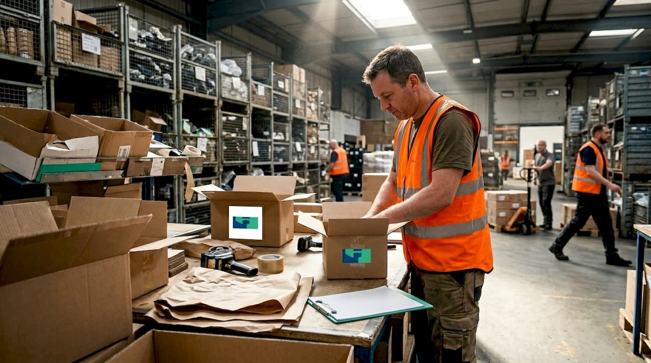 Worker handling returns at warehouse station