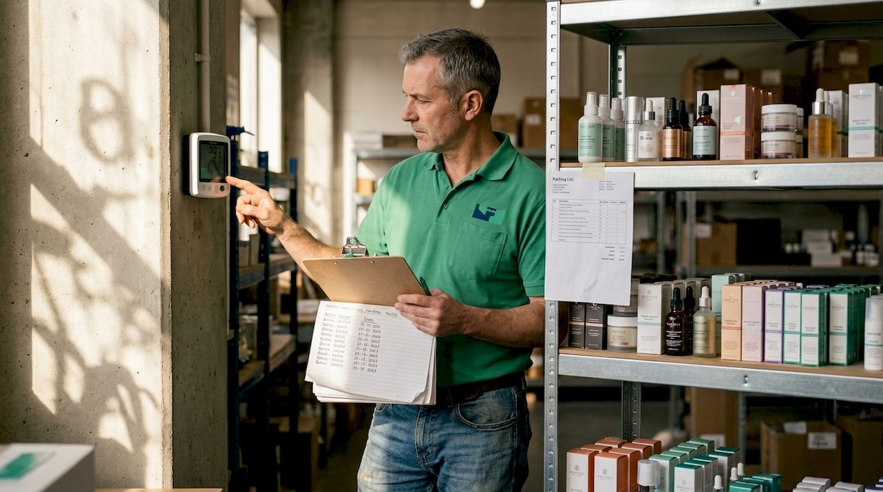 Technician checks temperature near beauty products storage
