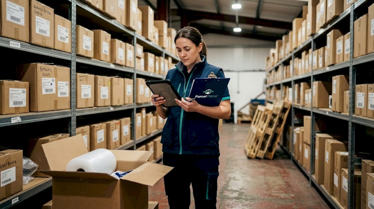 Warehouse staff checking inventory with tablet and clipboard