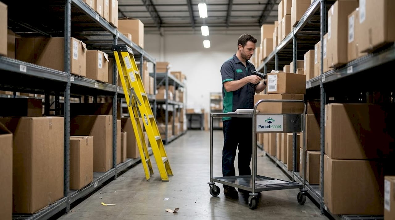 Worker scanning order box in warehouse aisle