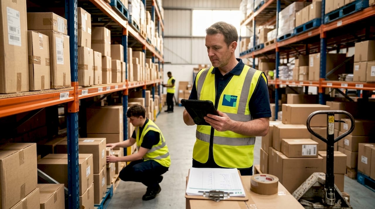 Supervisor reviews inventory in warehouse aisle