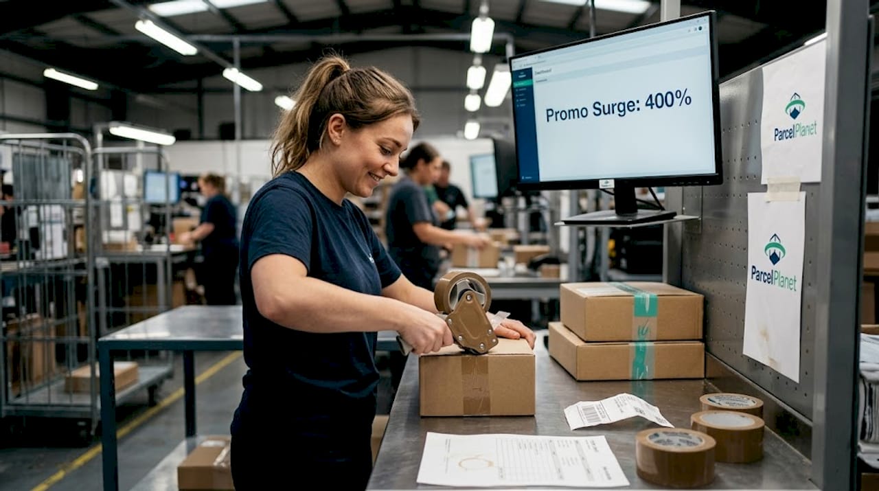 Fulfillment center employee packing surge of orders