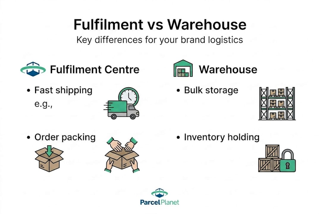 Infographic comparing fulfilment centres and warehouses
