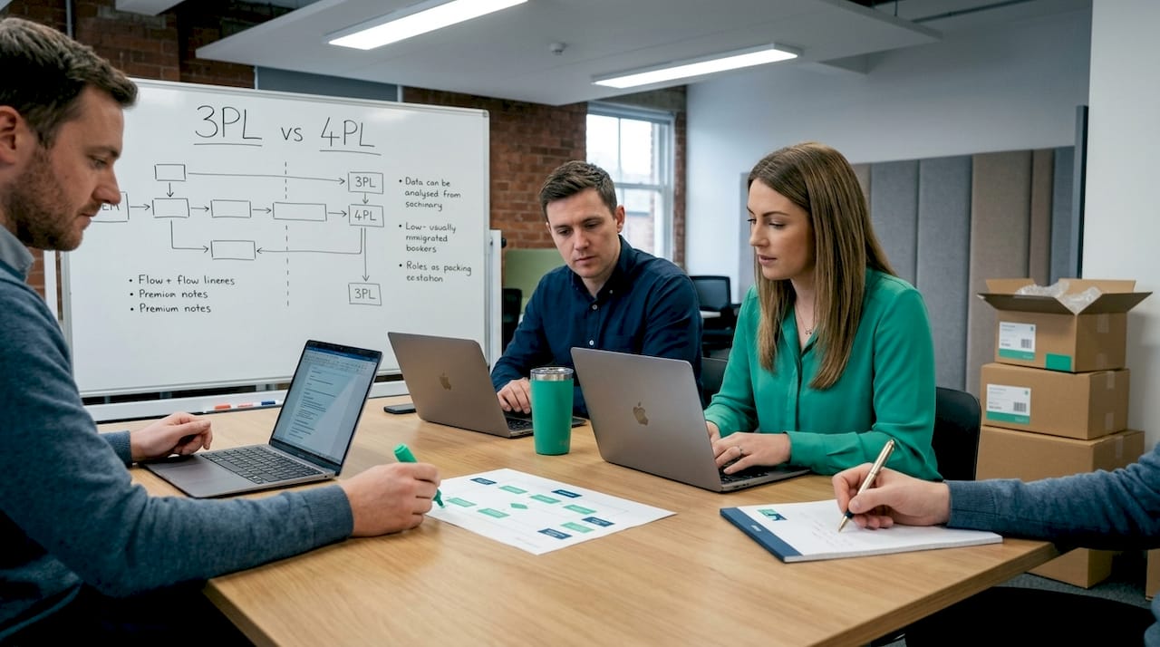 Team meeting discussing logistics flowchart