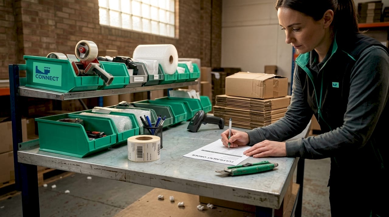 Packing station with tools and materials organized