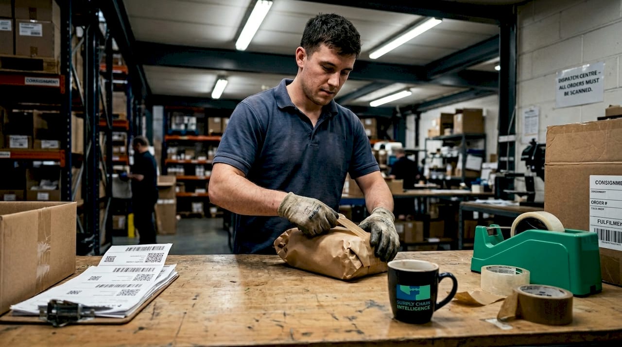 Worker manually packing orders at warehouse station
