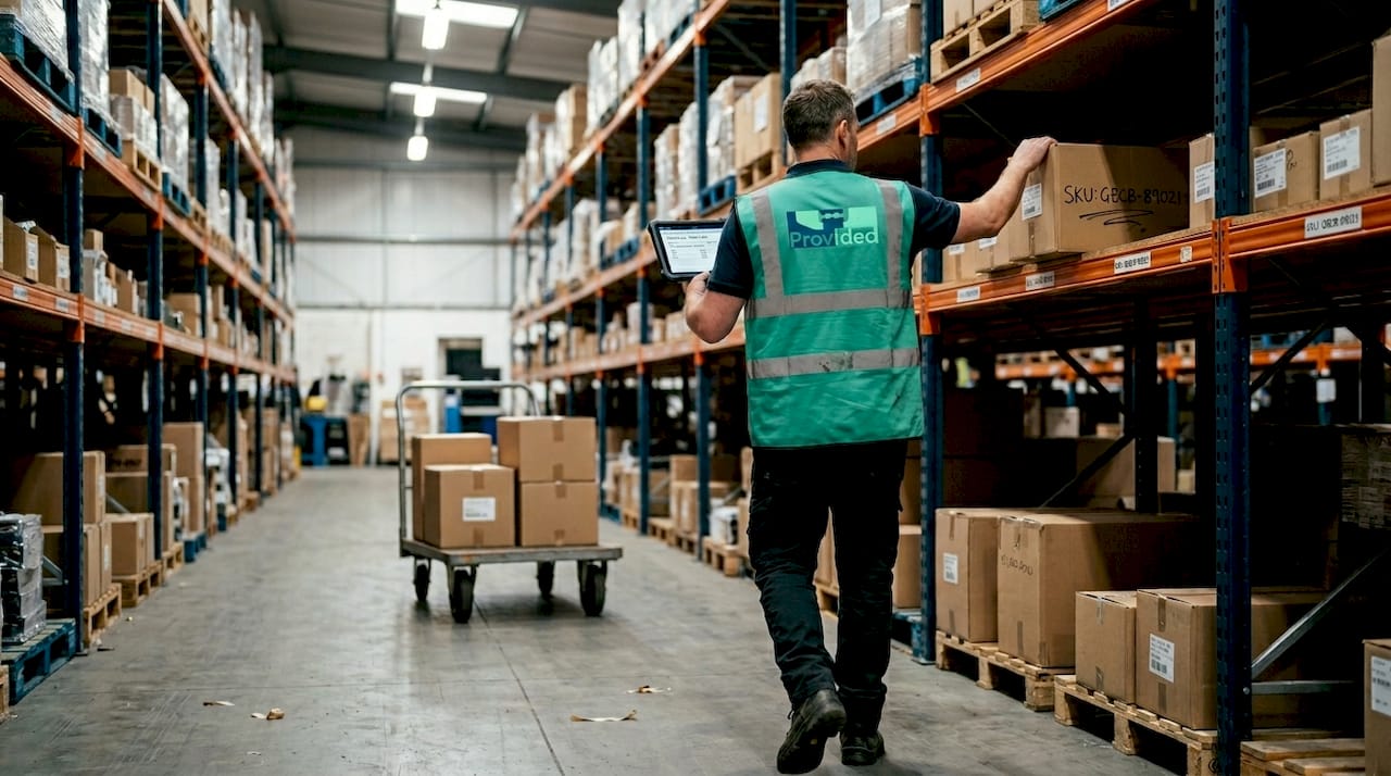 Warehouse worker picking orders with tablet