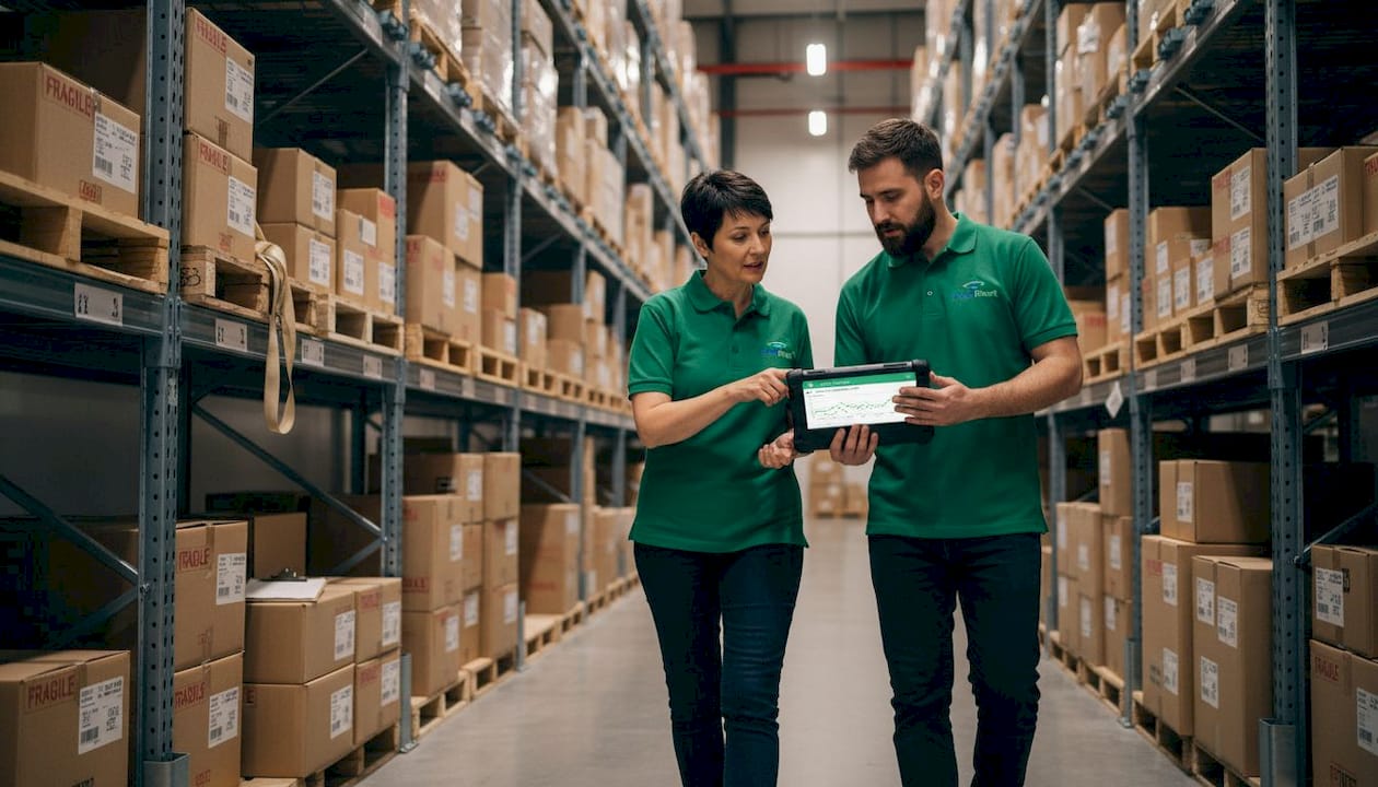 Warehouse team reviewing shared inventory tablet