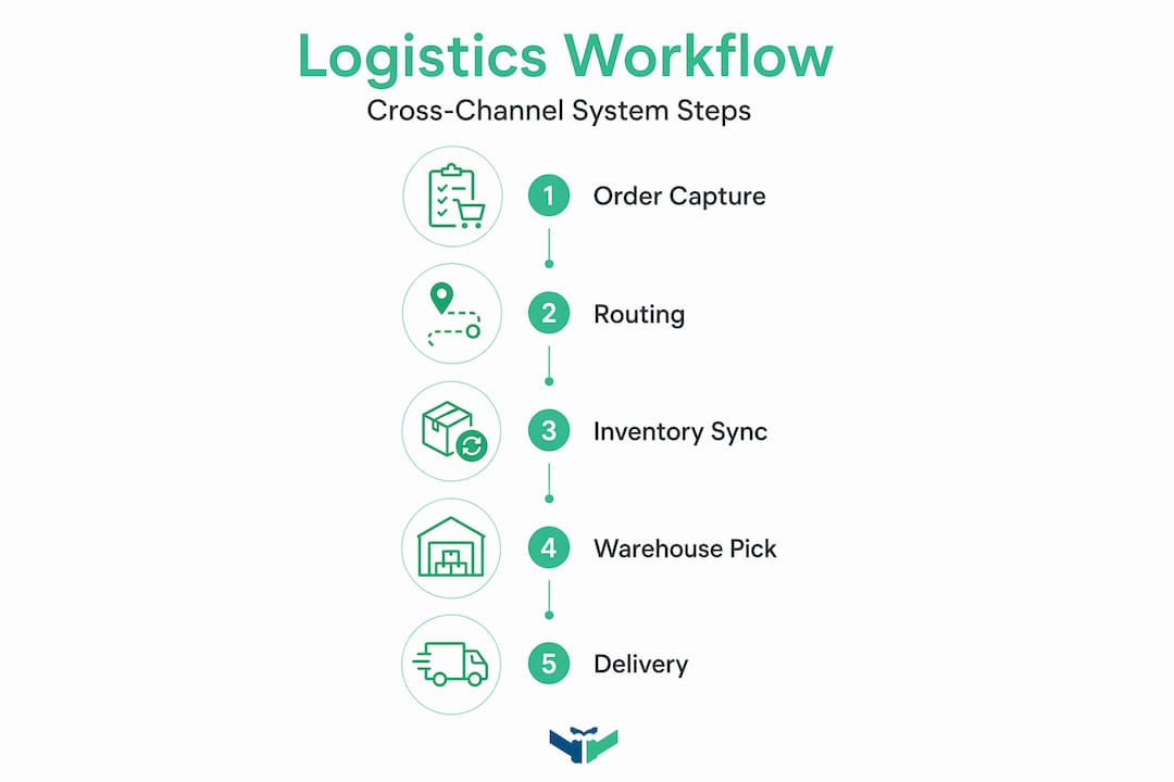 Infographic showing cross-channel logistics workflow steps