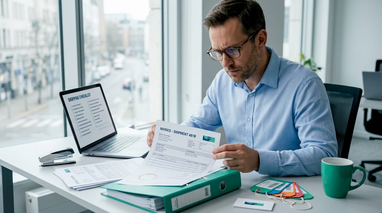 Man verifying cross-border shipping documents