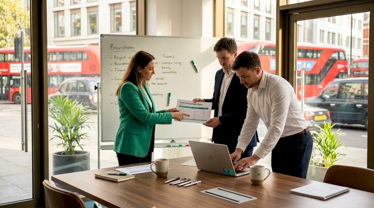 Team reviews warehouse cost comparison in meeting