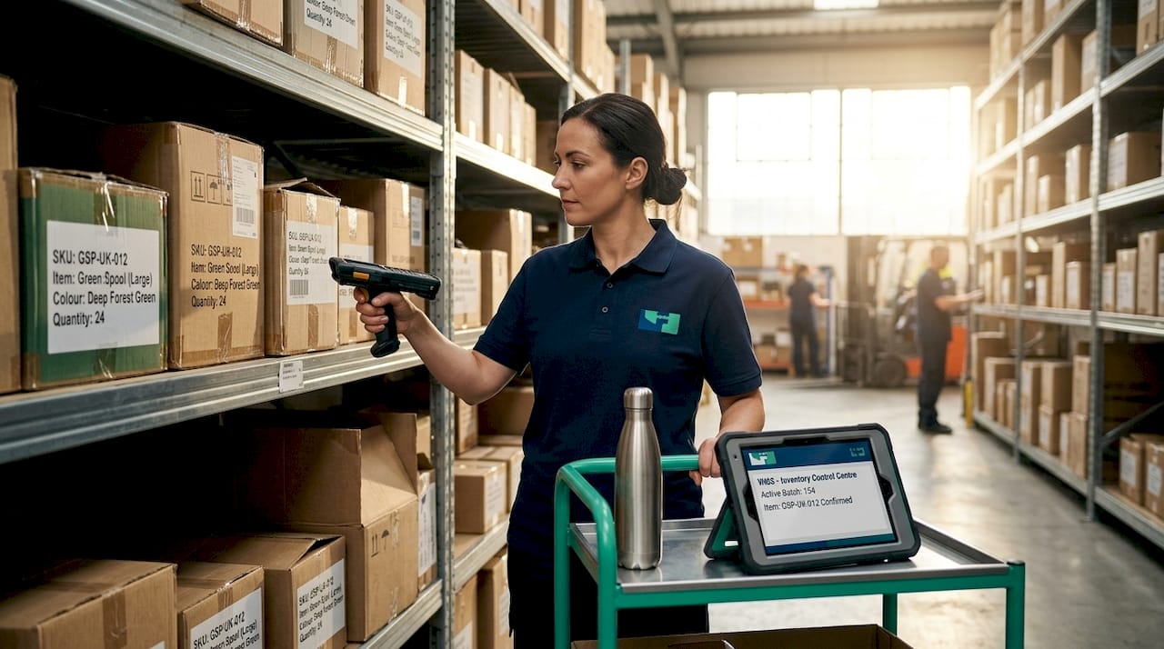 Warehouse worker scanning boxes for inventory accuracy