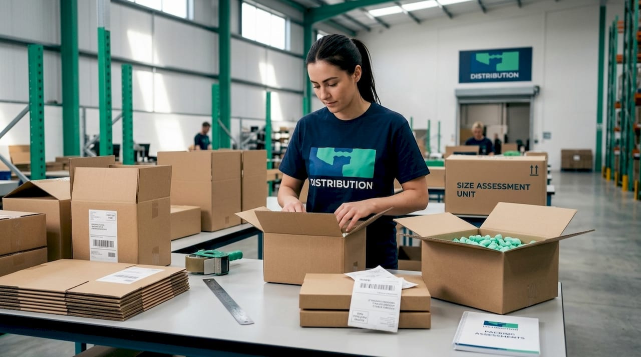 Associate comparing parcel box sizes in warehouse