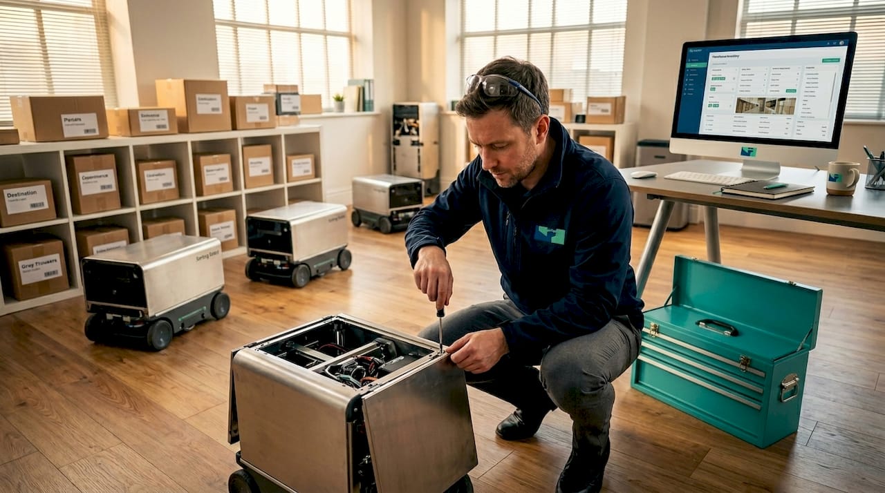 Technician works beside modular sorting robot