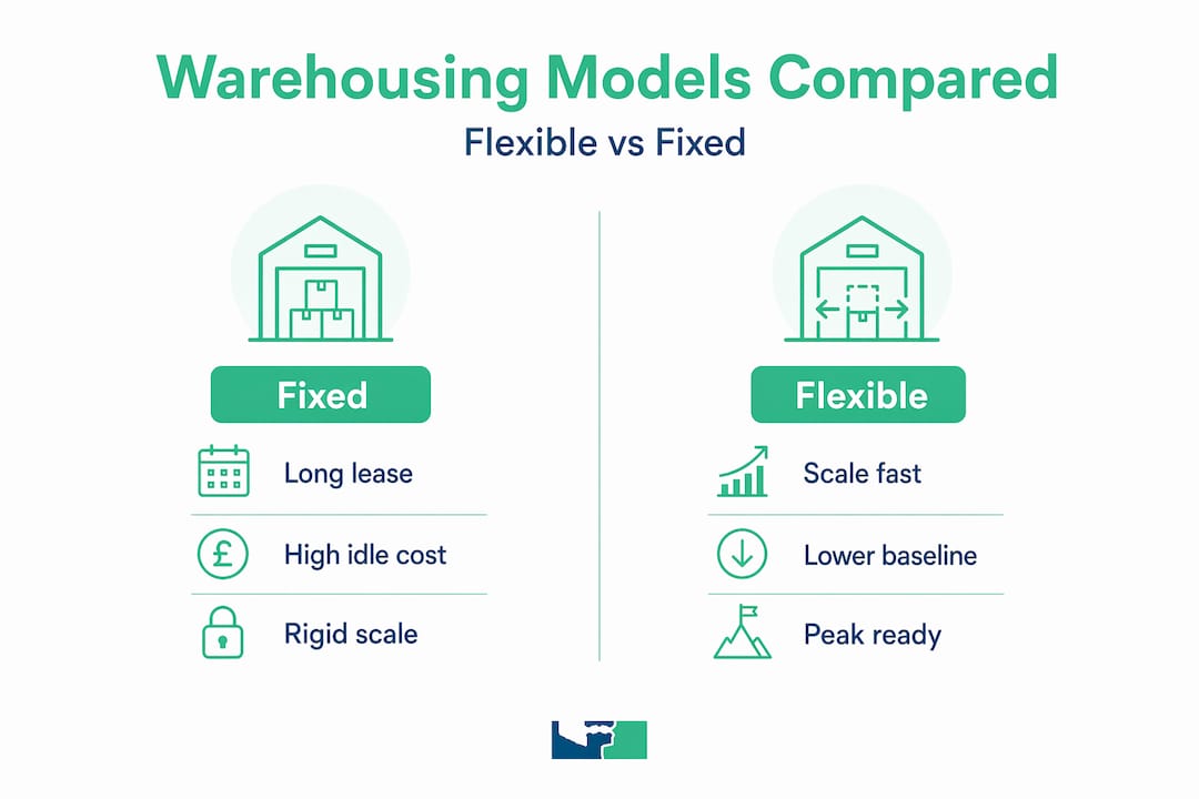 Infographic comparing flexible and fixed warehousing