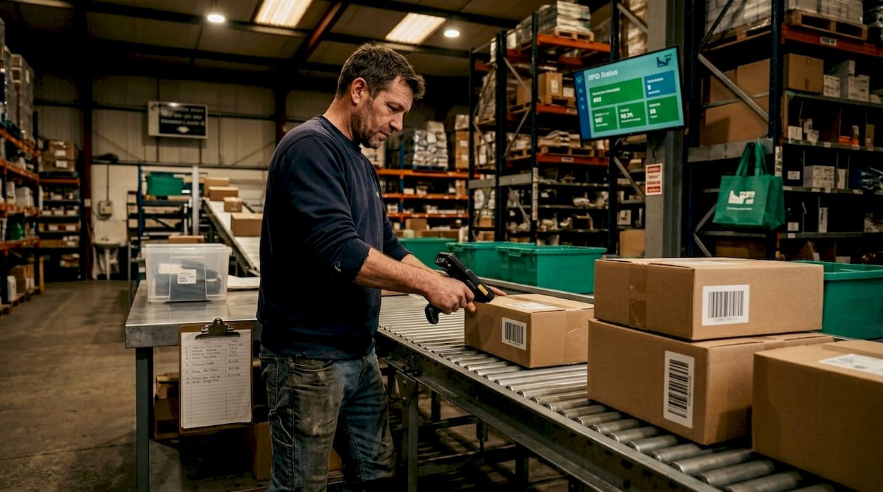 Technician scans parcels with RFID device