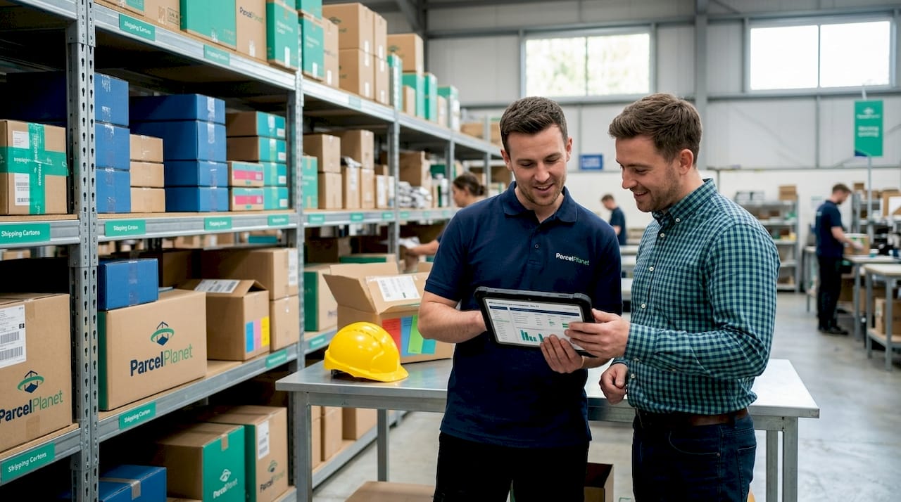 Warehouse team reviewing shared inventory on tablet