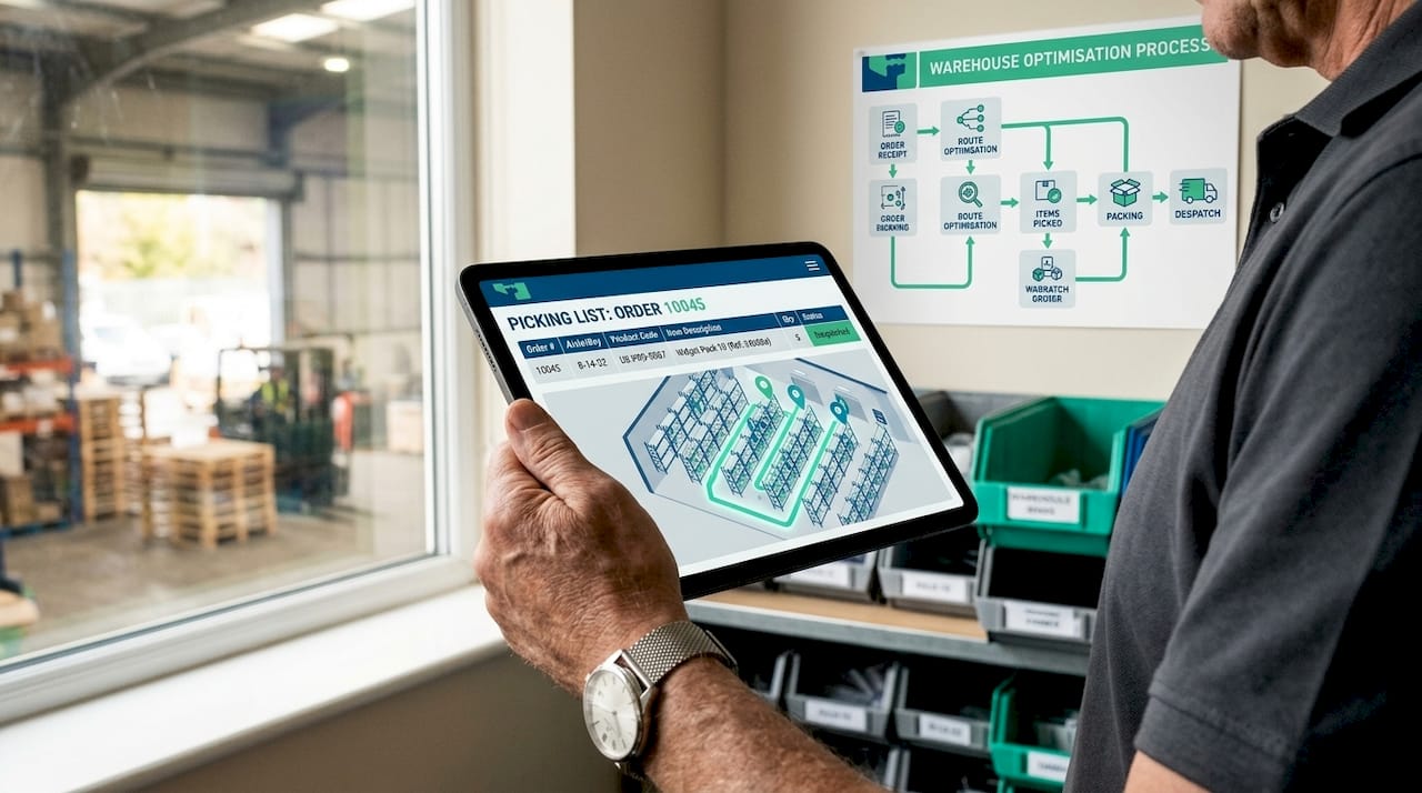 Tablet showing warehouse management system picking list