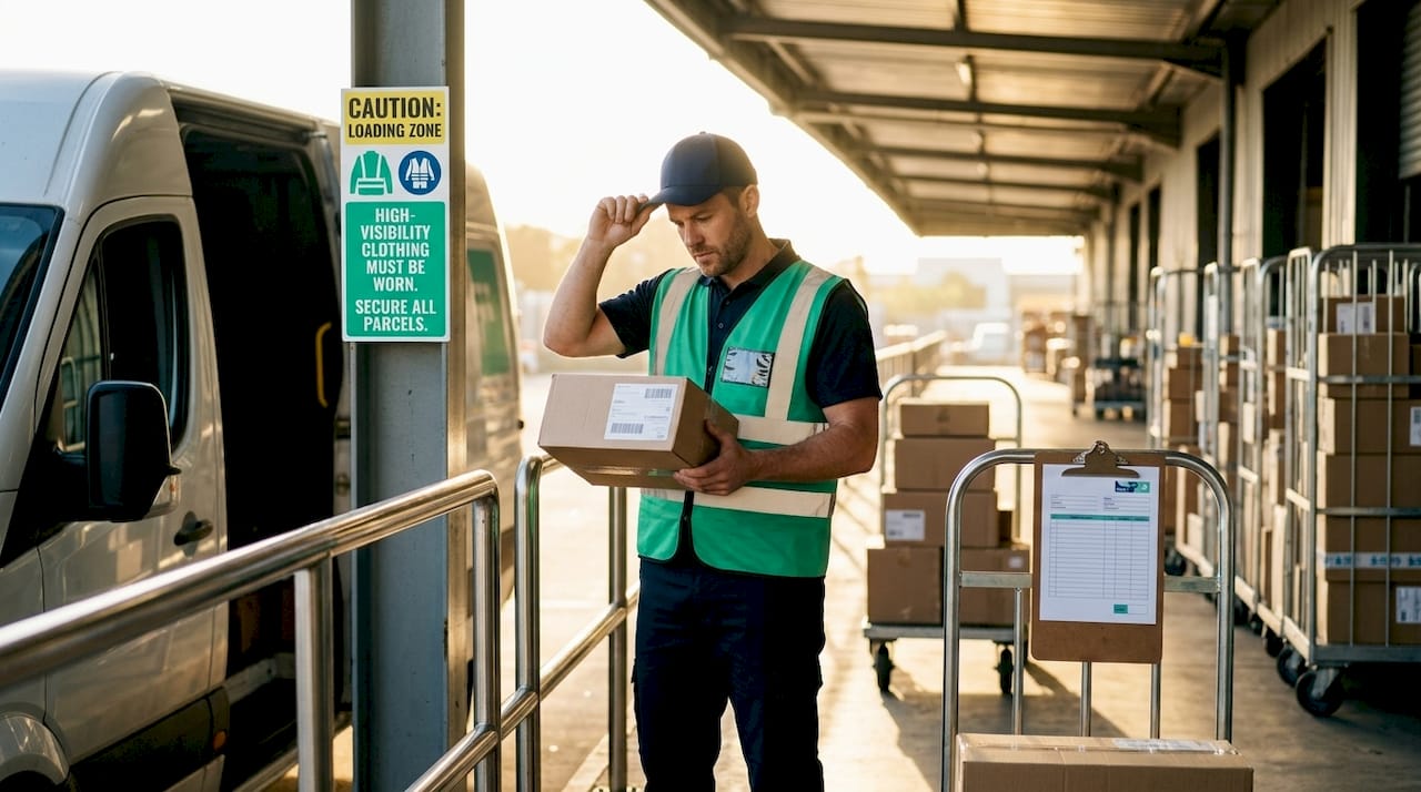 Delivery worker inspecting package on loading dock