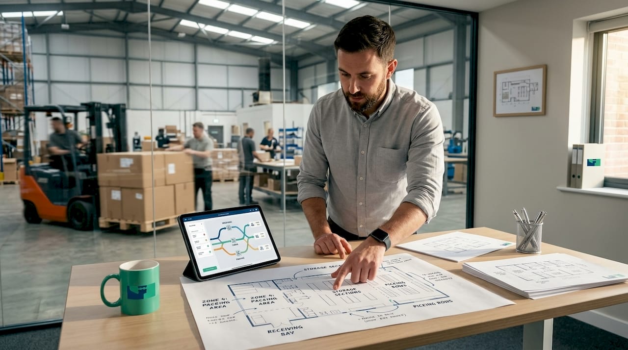 Manager reviewing warehouse layout blueprint