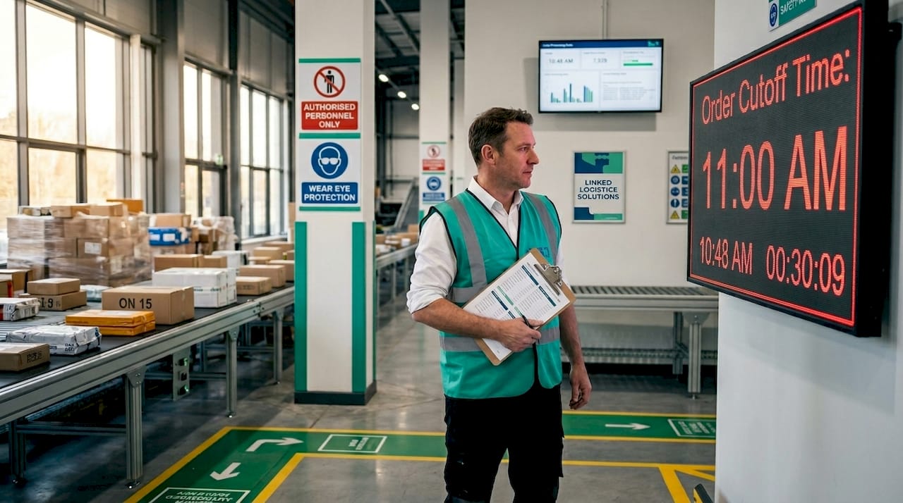 Warehouse supervisor monitoring order cutoff clock