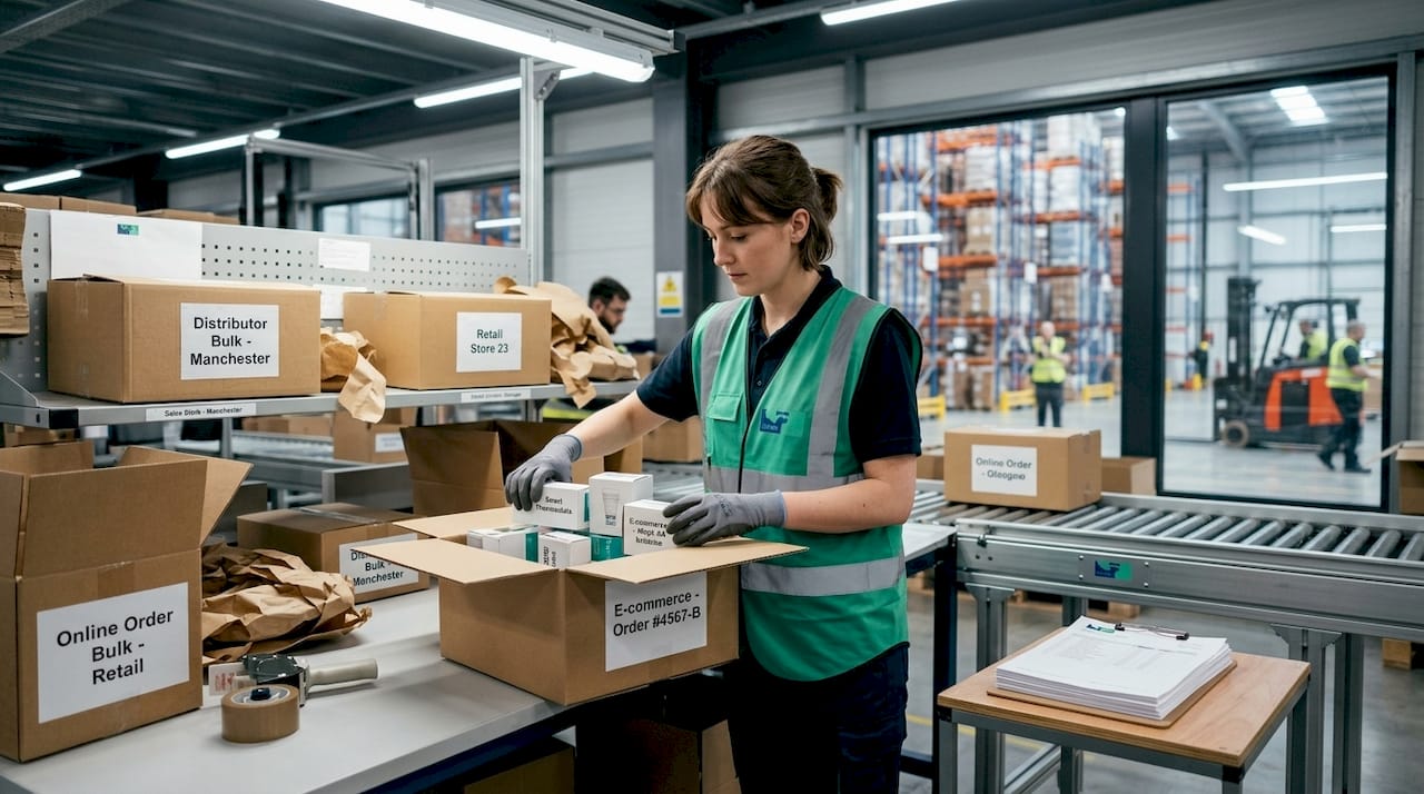 Warehouse team packing omnichannel orders