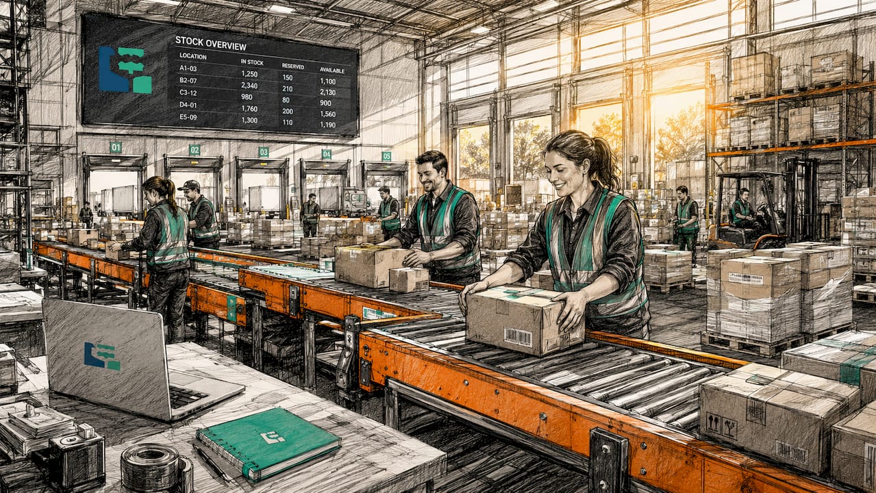 Busy warehouse hub with workers and conveyor belts