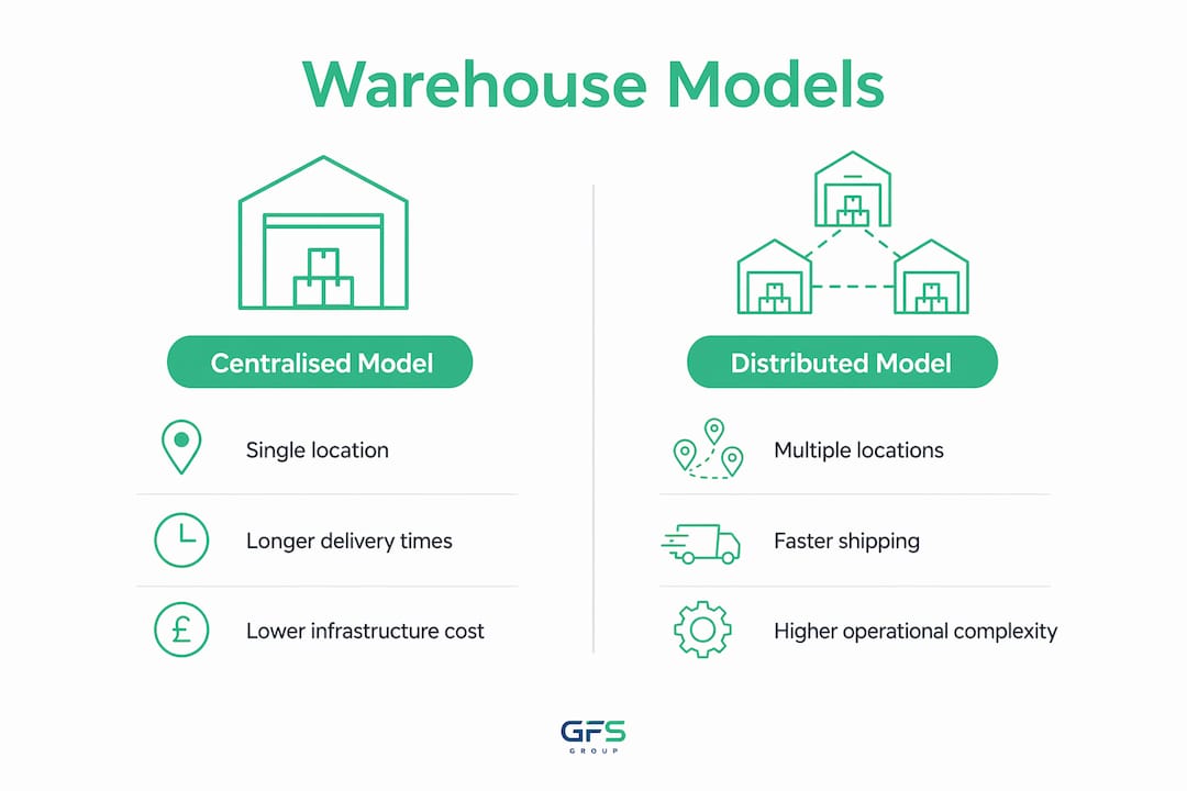 Infographic comparing centralised vs distributed warehousing