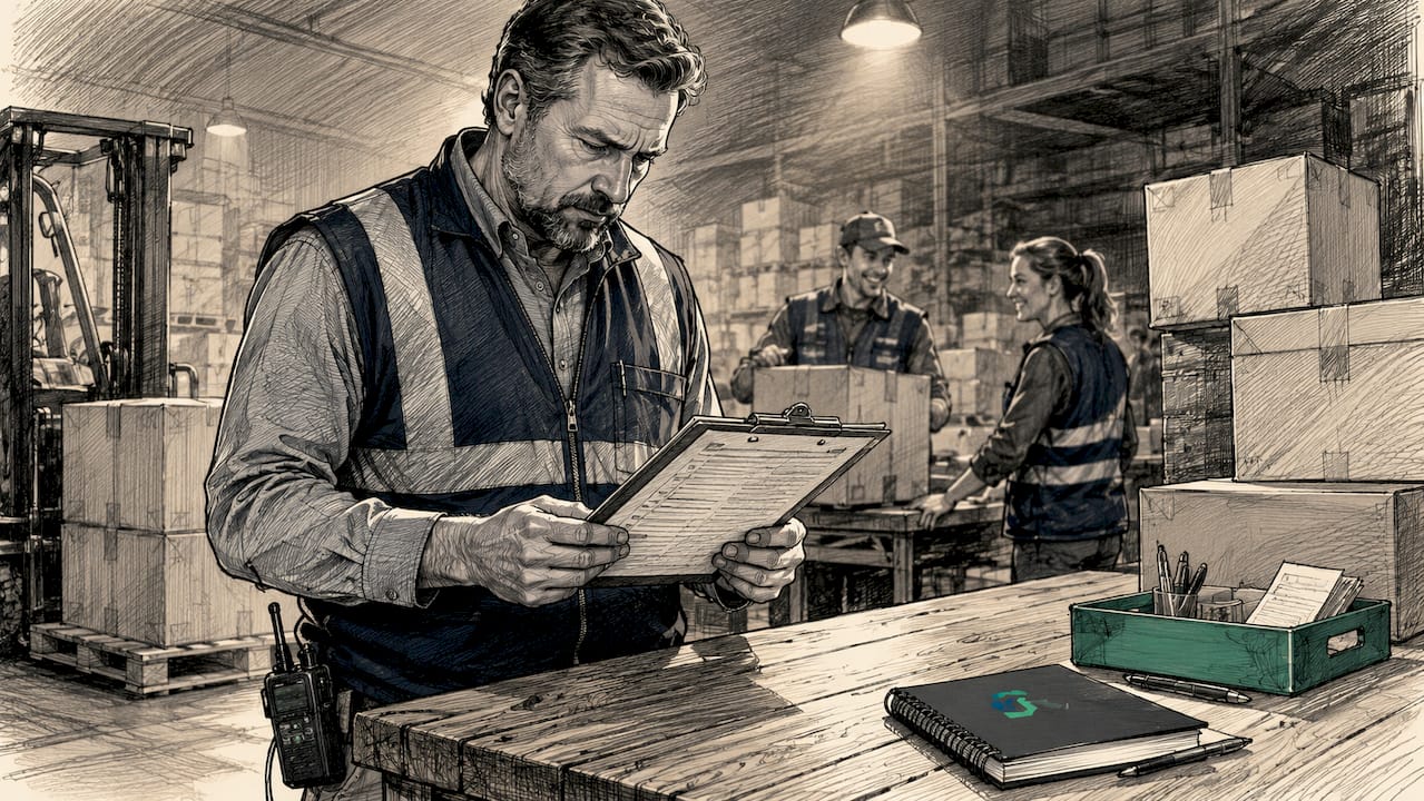 Manager reviewing shipping checklists in warehouse