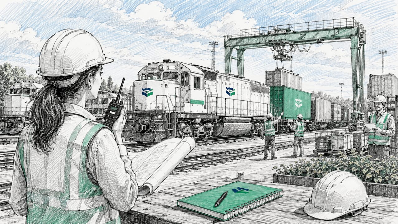 Supervisor at rail yard with freight trains