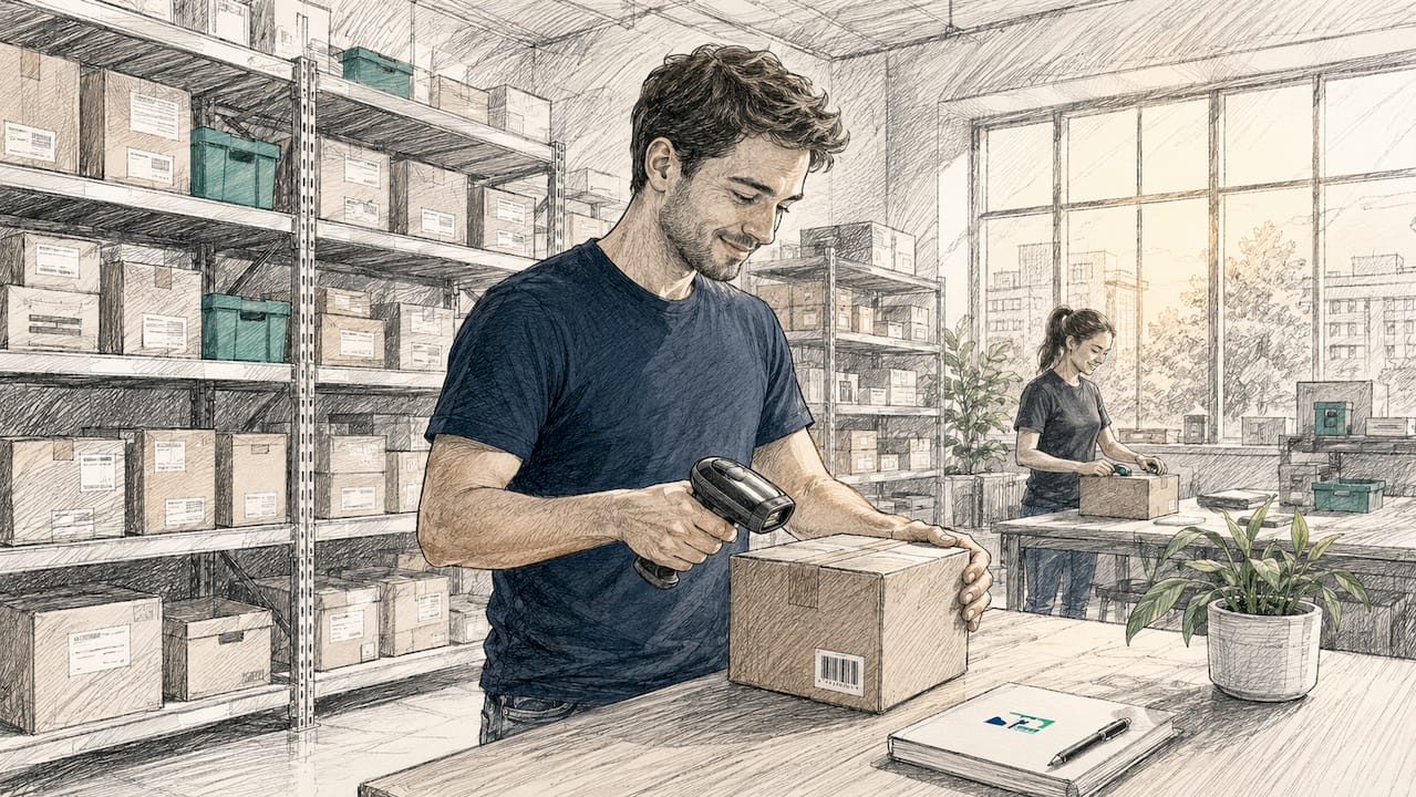 Hands scanning barcode in fulfillment center