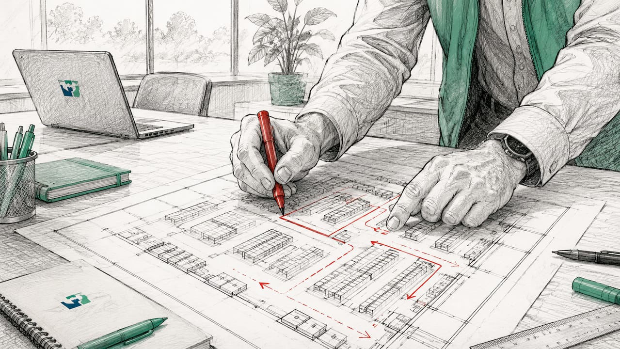 Close-up of hands marking warehouse plan