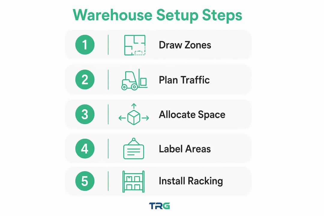 Infographic illustrating warehouse setup steps
