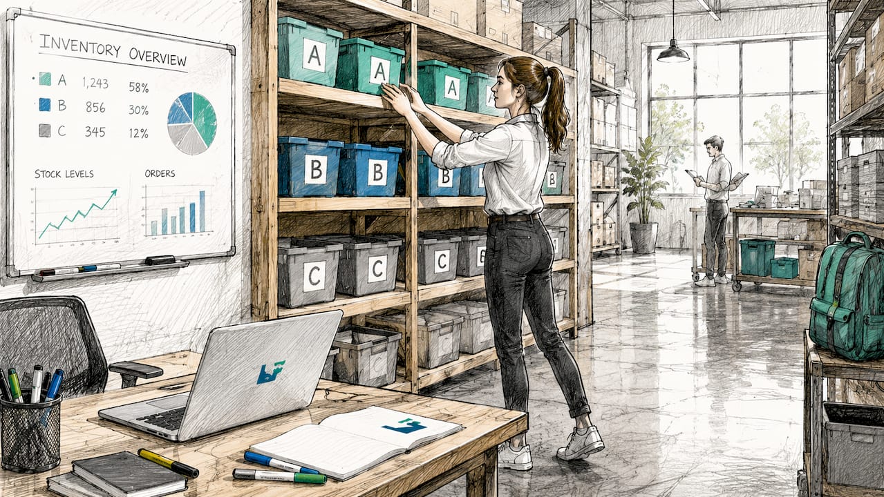 Hands sorting inventory bins by ABC categories