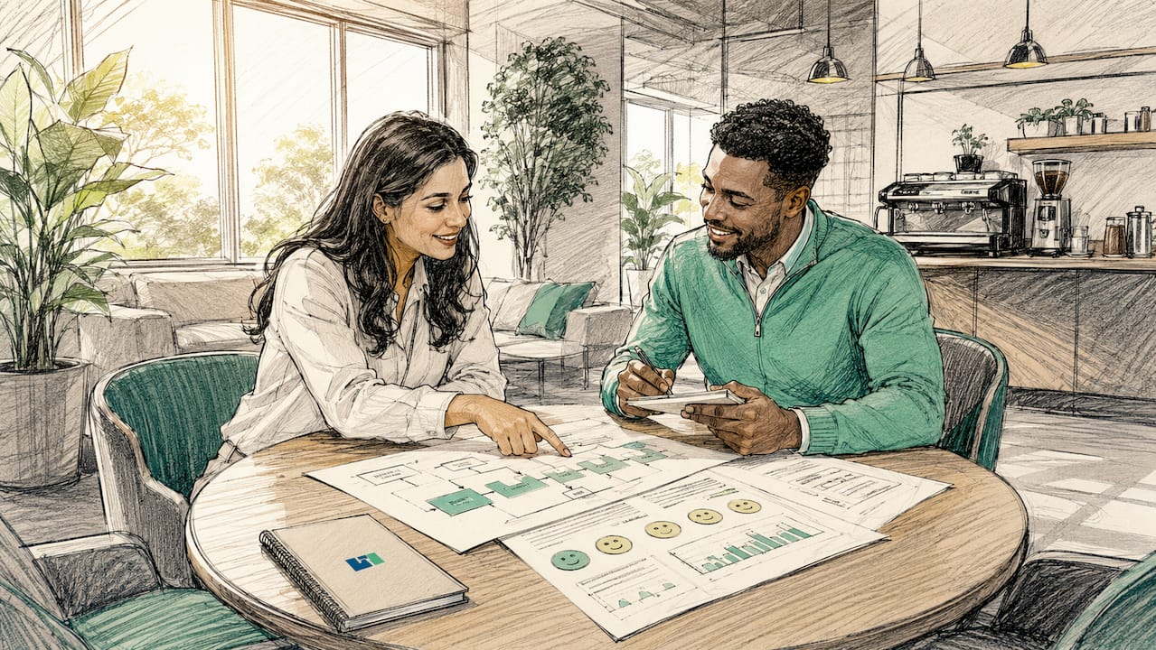 Team analyzing customer journey maps in office