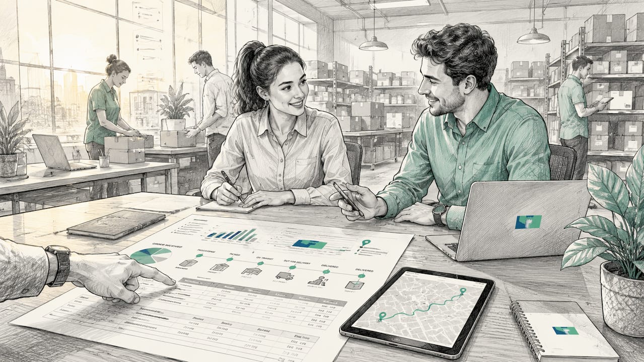 Hands reviewing shipping logistics dashboard at desk